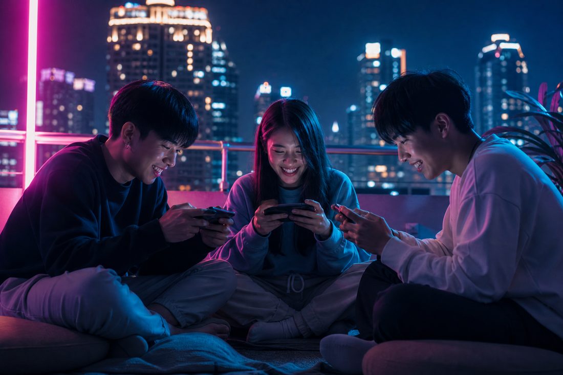 Three friends on a neon-lit rooftop playing games on their phones together